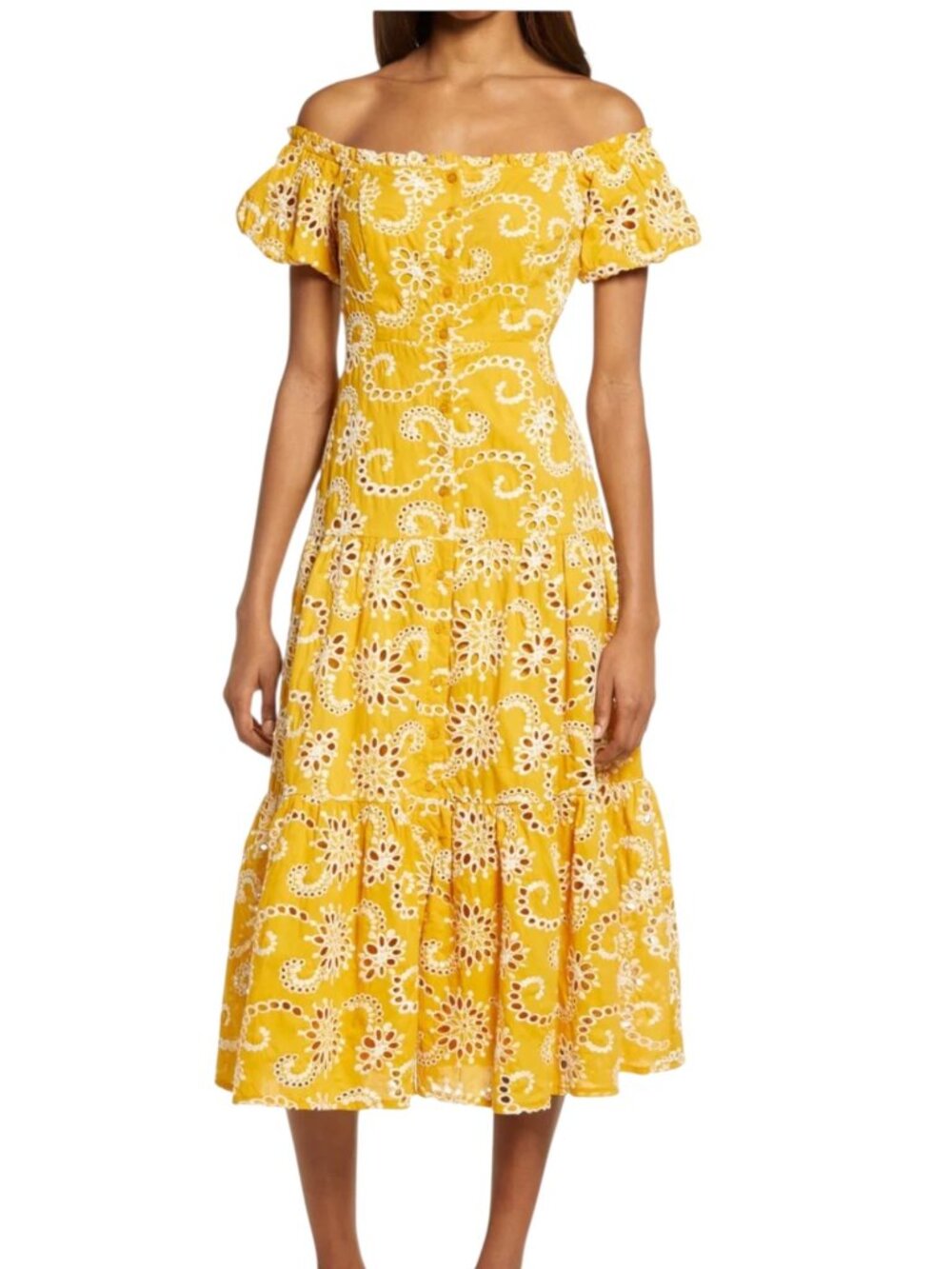 Floret Studios Off The Shoulder Tiered Midi Dress XS Floral